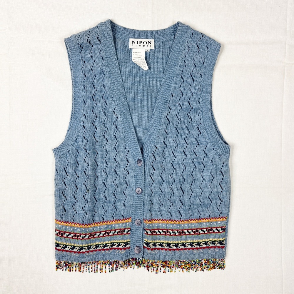 Vintage 90s Sweater Vest Beaded Fringe Blue Womens‎ Size Medium Layering Piece